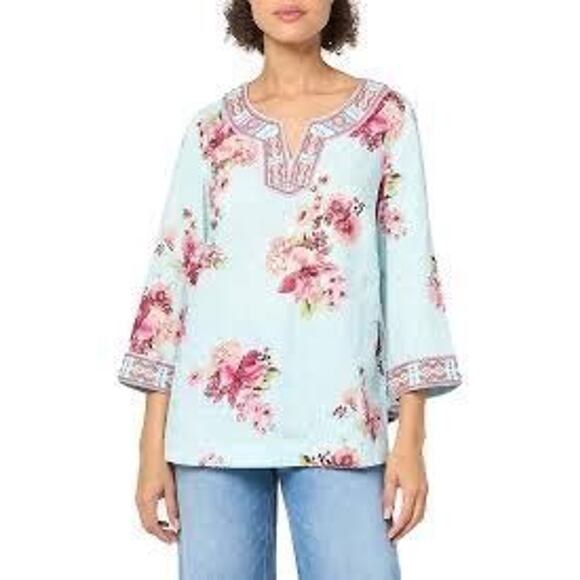 NWT John Mark L Floral Print Embroidered and Beaded Tunic Blue Pink - Picture 1 of 8